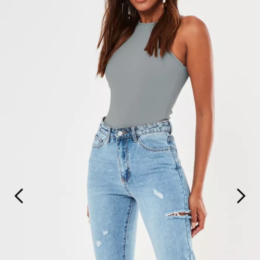 gray ribbed high neck racer back bodysuit bluegrey